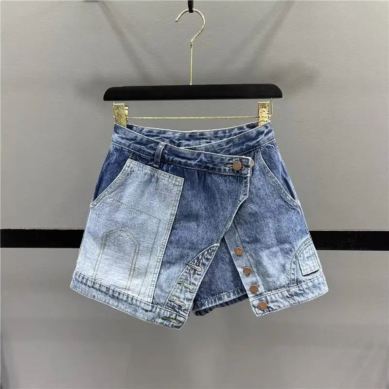 stitching, contrasting colors,  A-line denim short skirt pants, new fashion half skirt trend for women in summer 2023