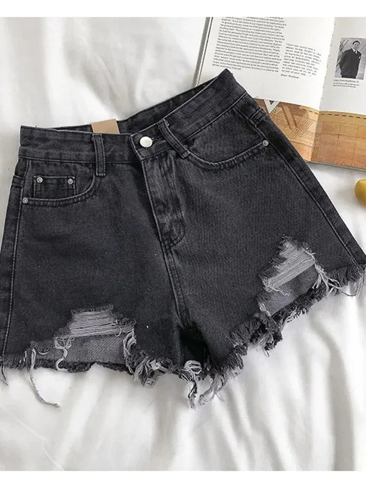 Moda Distressed Edge Cintura Alta Street Wear Mulheres Perna Larga Calças Quentes Verão Novos Shorts Jeans Casuais Femininos Estilo Coreano