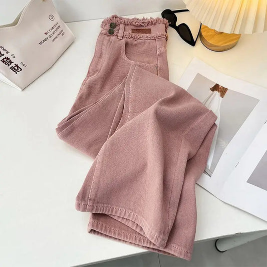 Jeans rosa estilo coreano feminino primavera outono cintura alta borda crua calças jeans retas simples suaves calças largas combinadas