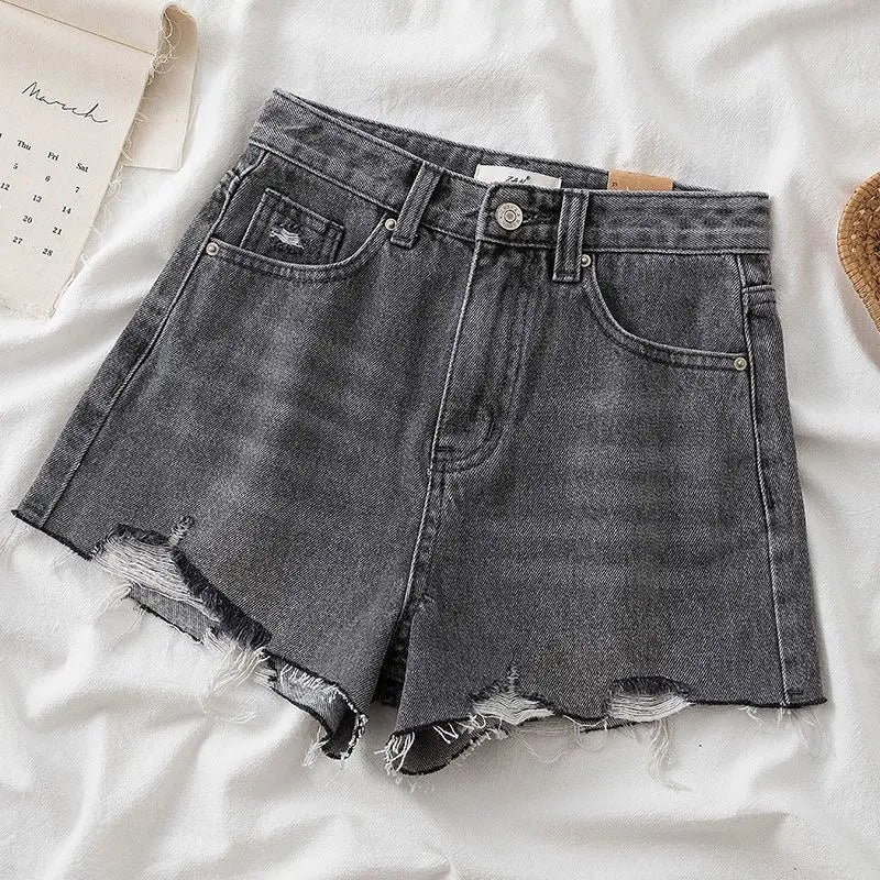 Korean High Waist Raw Edge Denim Shorts Women 2024 Summer Basic Button Pocket Jean Shorts For All-match Streetwear Denim Short