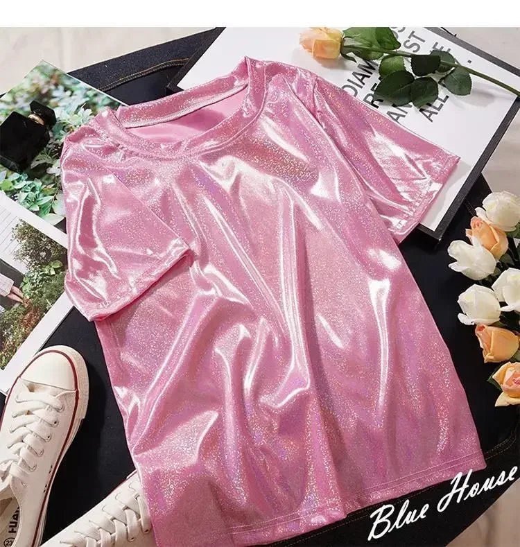 S-4XL Womens Sparkly Shiny Metallic Holographic Round Neck Short Sleeve Casual Loose Top Festival Party Tee Shirt Female Clothes