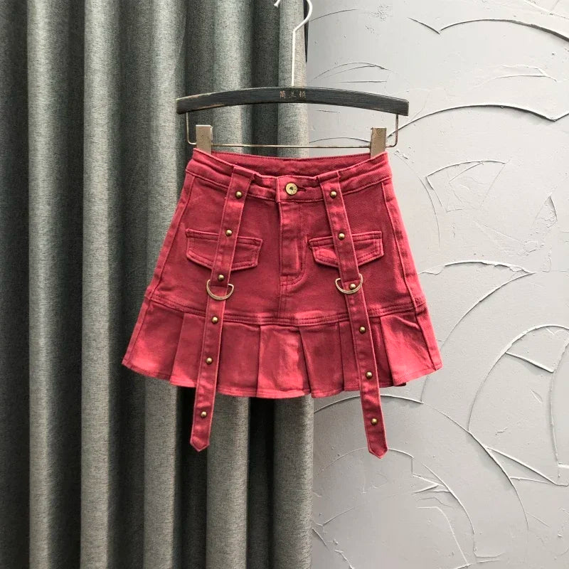 Fashion Rivet Pleated Mini Skirt Brown High Waist Fake Pocket Slim A Line Denim Skirt for Women Summer Red Black Blue Skirts