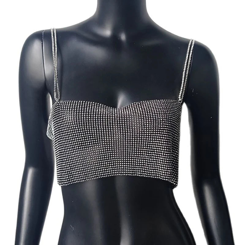 2022 Sequin Shiny Crystal Chain Tank Top Glitter Metal Mesh Halter Metallic Strap Crop Tops Festival  Party Sexy Women Outfits