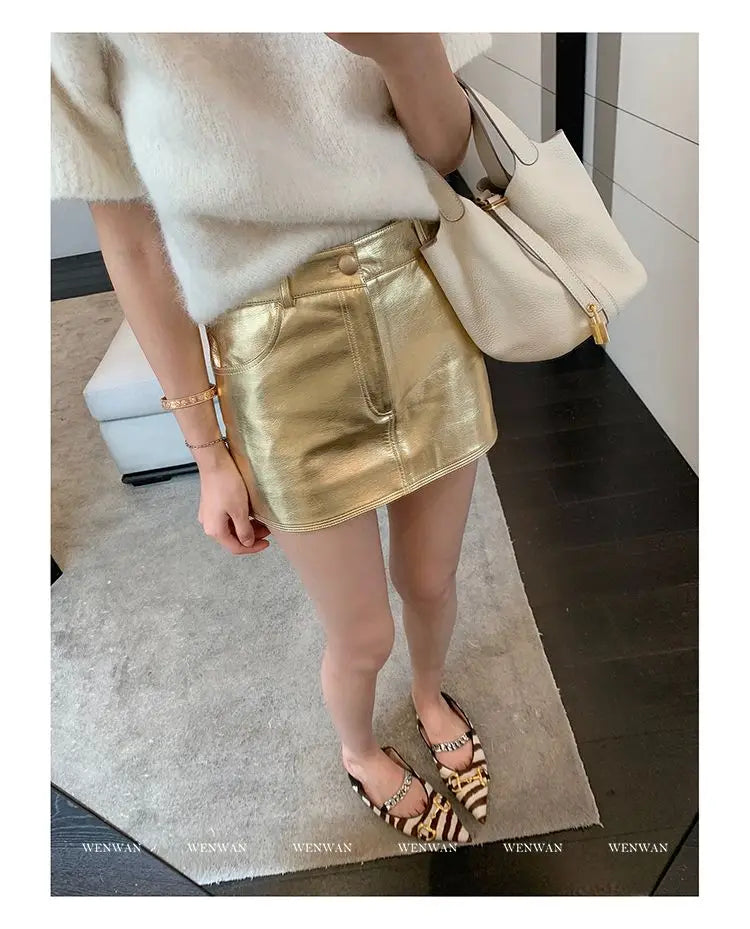 Design High Waist Short Skirt Women's Silver Pu Leather Skirt