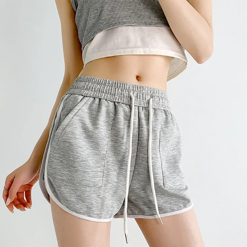 Women High Waist Drawstring Pocket Sports Shorts Casual Loose Fitness Running Shorts Elastic Yoga Cotton A-line Shorts Summer