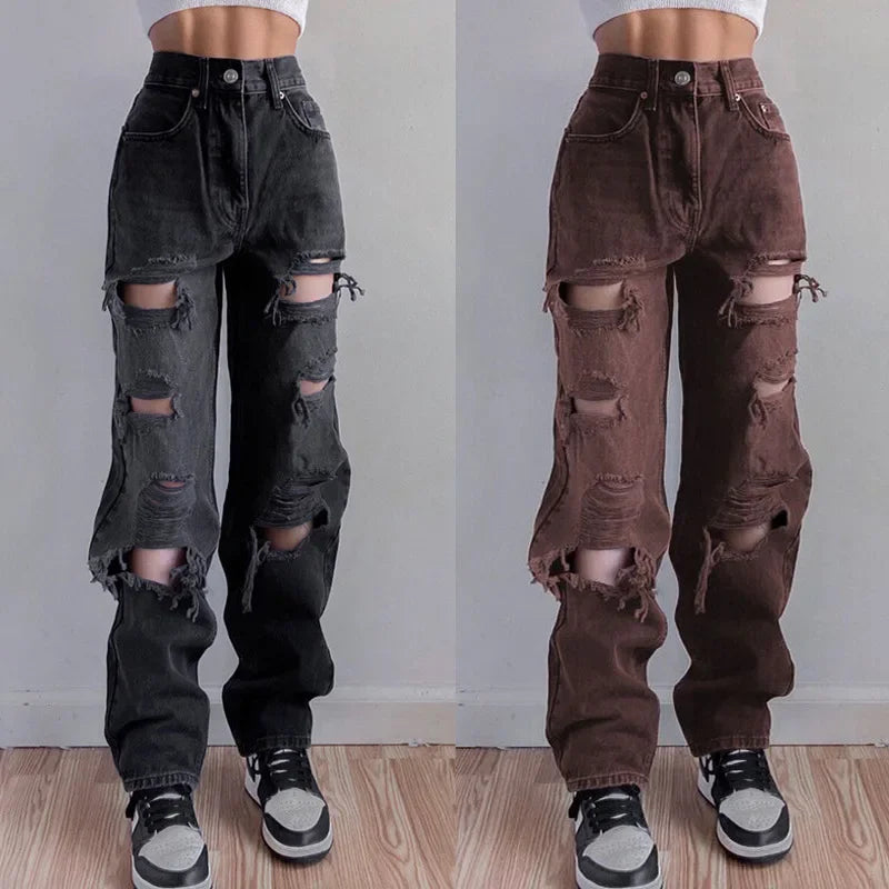 Autumn Winter Southeast Asian Women's Broken Hole Jeans Women's Straight Tube Loose Jeans