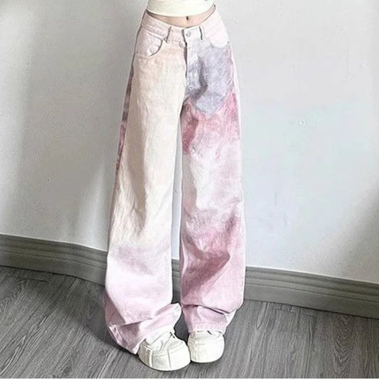 Calça jeans solta com estampa floral tie-dye e perna reta para mulheres, cintura alta, emagrecimento e calças largas