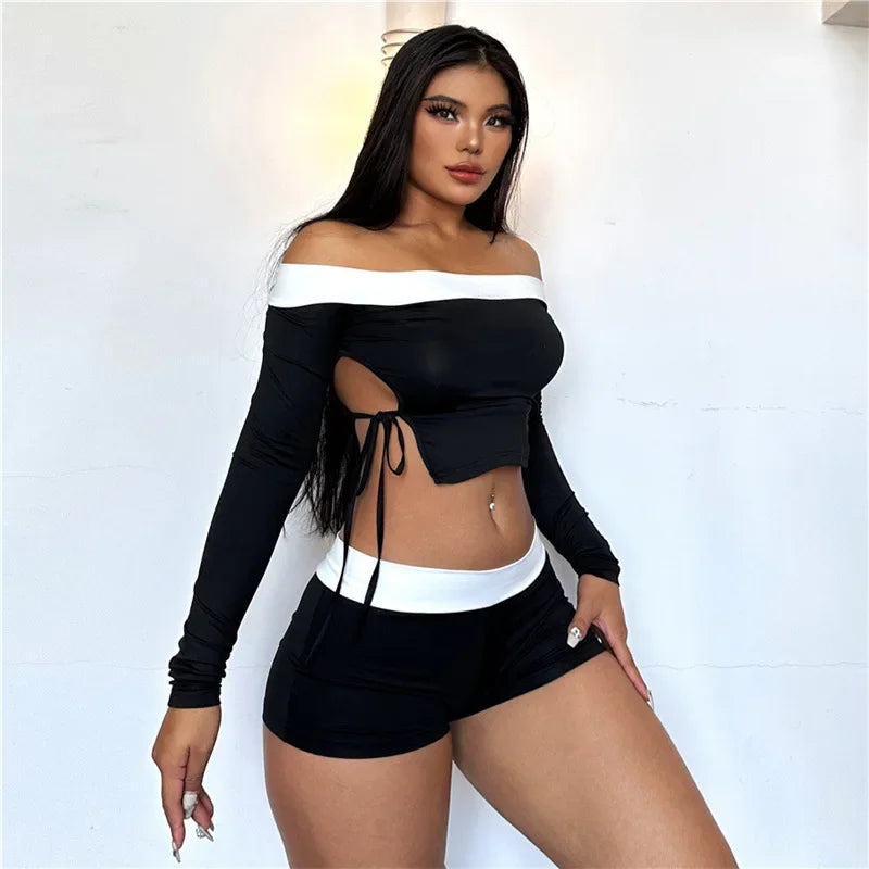 Spring Autumn New Style Women's Clothing Color Blocking Straight Neck T-Shirt Slims Smooths Your Silhouette Low Waist Shorts Sui