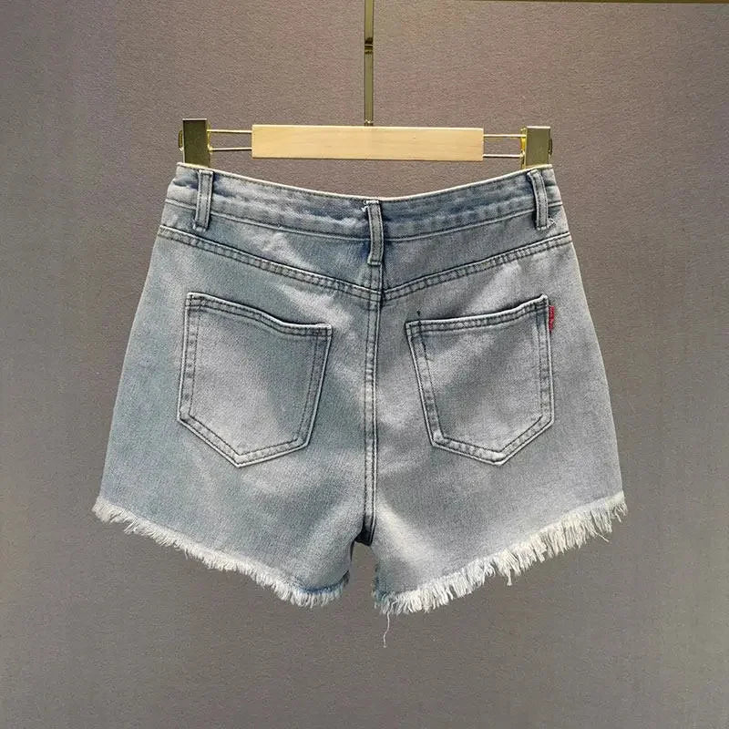 Women's 2024 Summer New High Waist Little Bear Hot Diamond Shorts with Broken Hole Ragged Edge Denim Shorts Female Streetwear