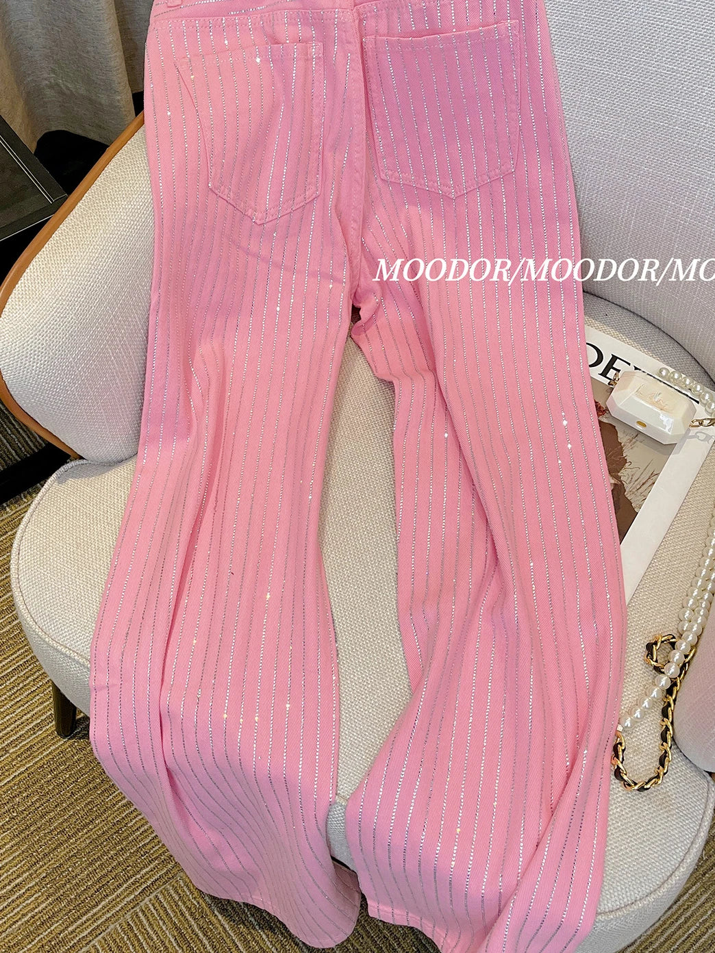 Retro Fashion Wide Leg High Waist Jeans Women Spring  Autumn Versatile Vertical Stripes Rhinestone Pink Baggy Straight Trousers