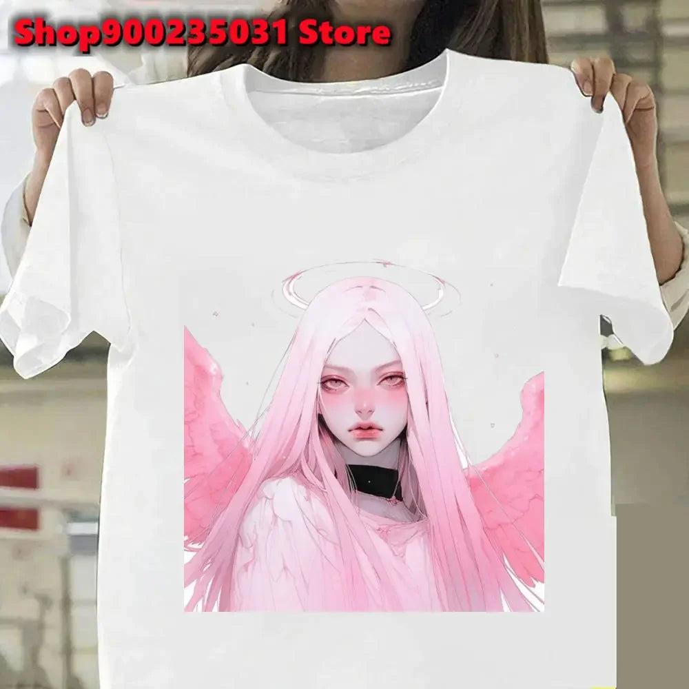 New Pink Demon Girl T-Shirt Streetwear Y2k Graphic Angel T-Shirt Harajuku Summer Women Aesthetic Oversized Outfit Tee Shirt