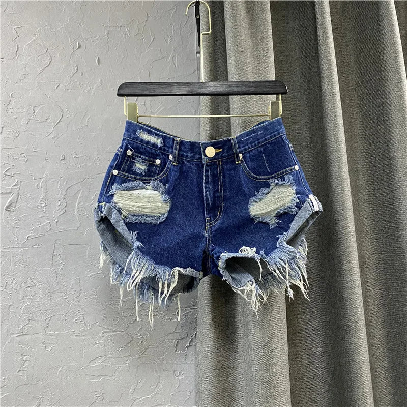 2025 New Summer Women's Sexy Low-waisted Jeans Denim Shorts Hole A Wide-leg Pants Ripped Jeans 4 colors