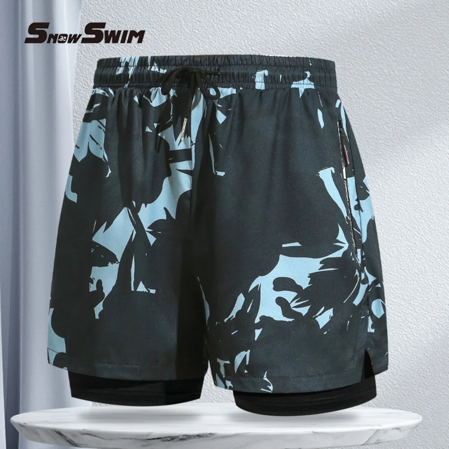 Mens Swim Trunks with Compression Liner 5" Stretch Beach Shorts Quick Dry with Zipper Pockets No-Chafing Board Shorts