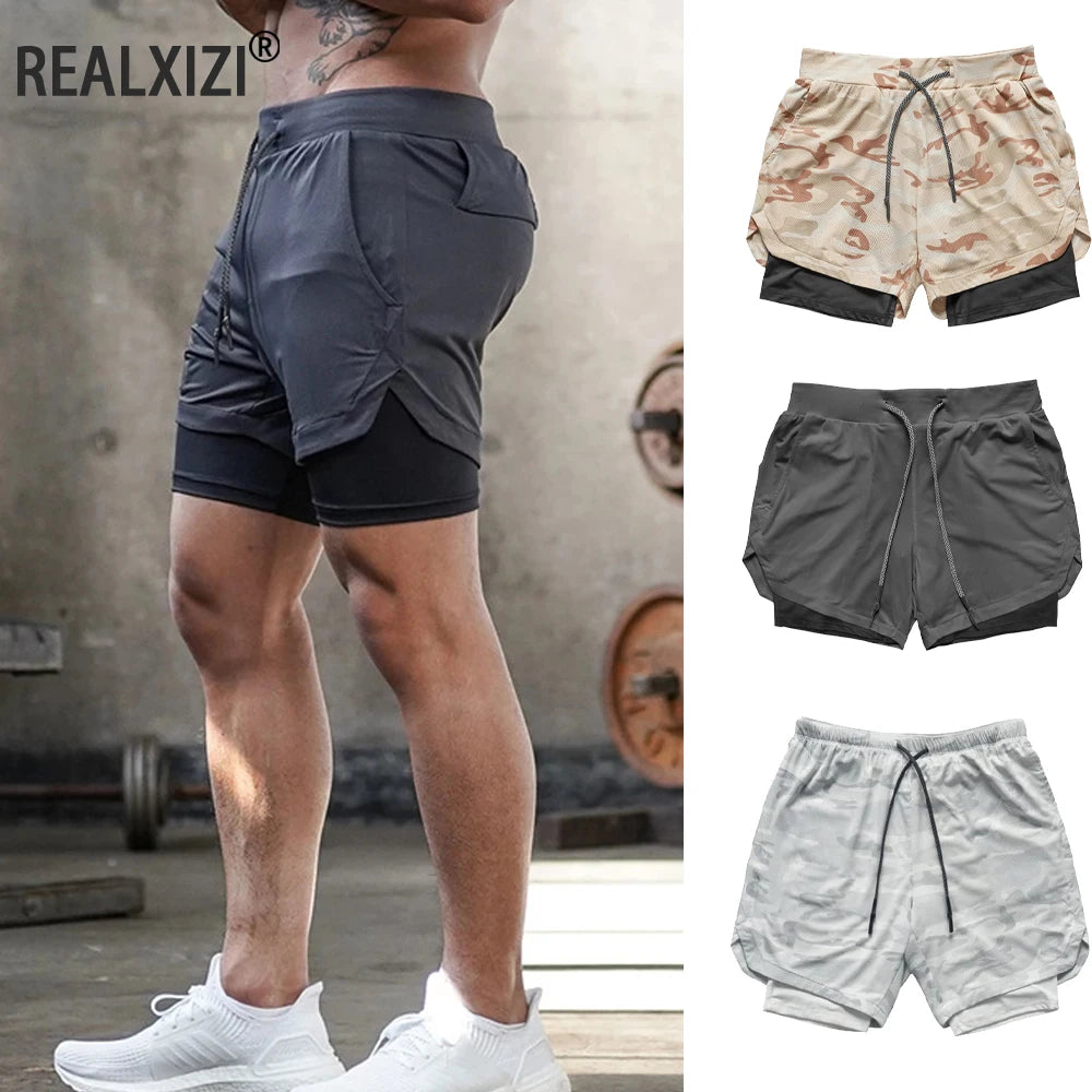 Mens Gym Sports Shorts Jogging Running Breathable Fitness Exercise Double Layer Shirt Hidden-Pocket Casual Camouflage Shorts