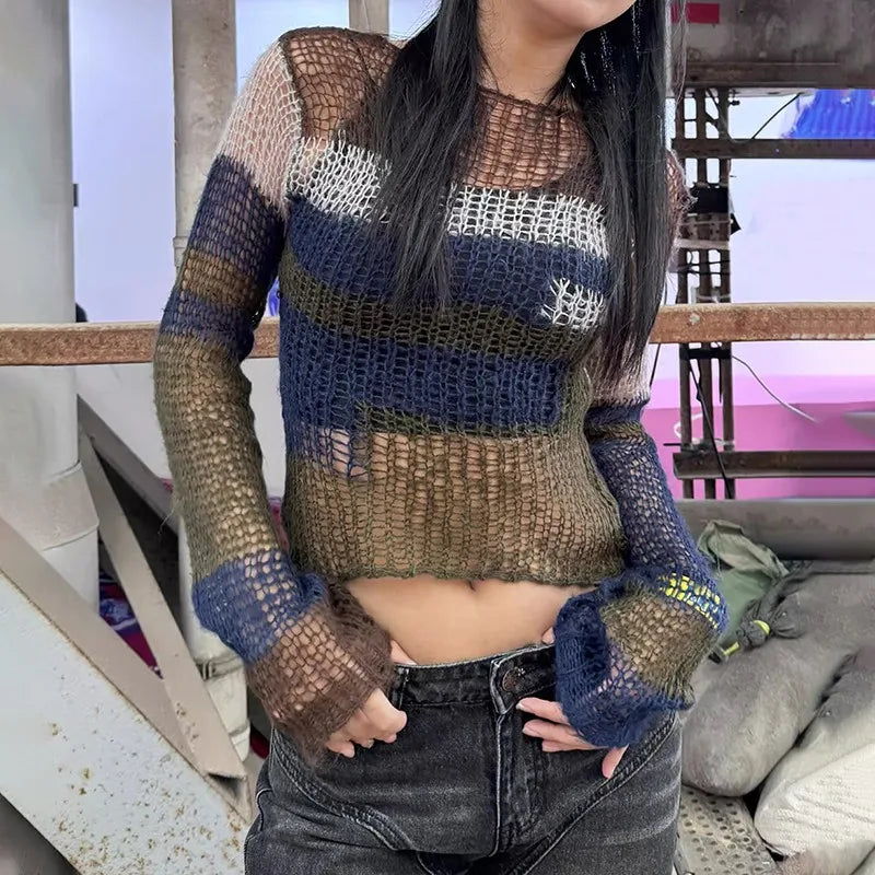 Karrram Y2k Aesthetics Crop Knit Tops Vintage Grunge Hollow Out Jumpers Japanese 2000s Hole Pullover Korean Dongdaemun Knitwear