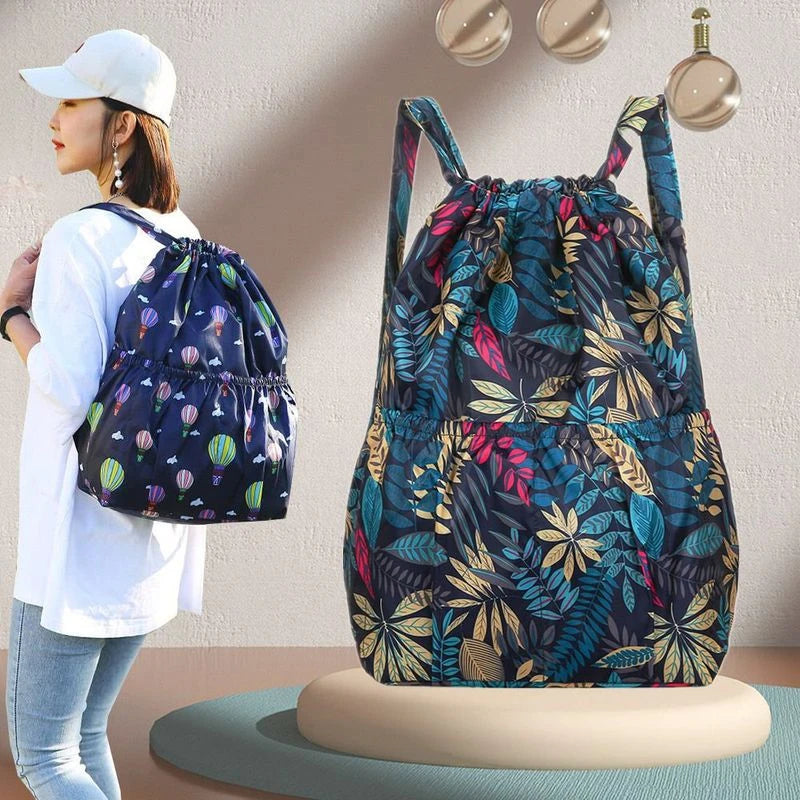 Mochila feminina com cordão, leve, de nylon, à prova d'água, grande capacidade, com cordão, bolsa de viagem, fitness, esportiva