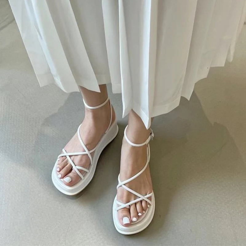 Sandals Women Summer 2022 Square Toe Pu Leather Platform Wedges Ladies Shoes Causal Rome Gladiator Female Sandal Woman Sandals