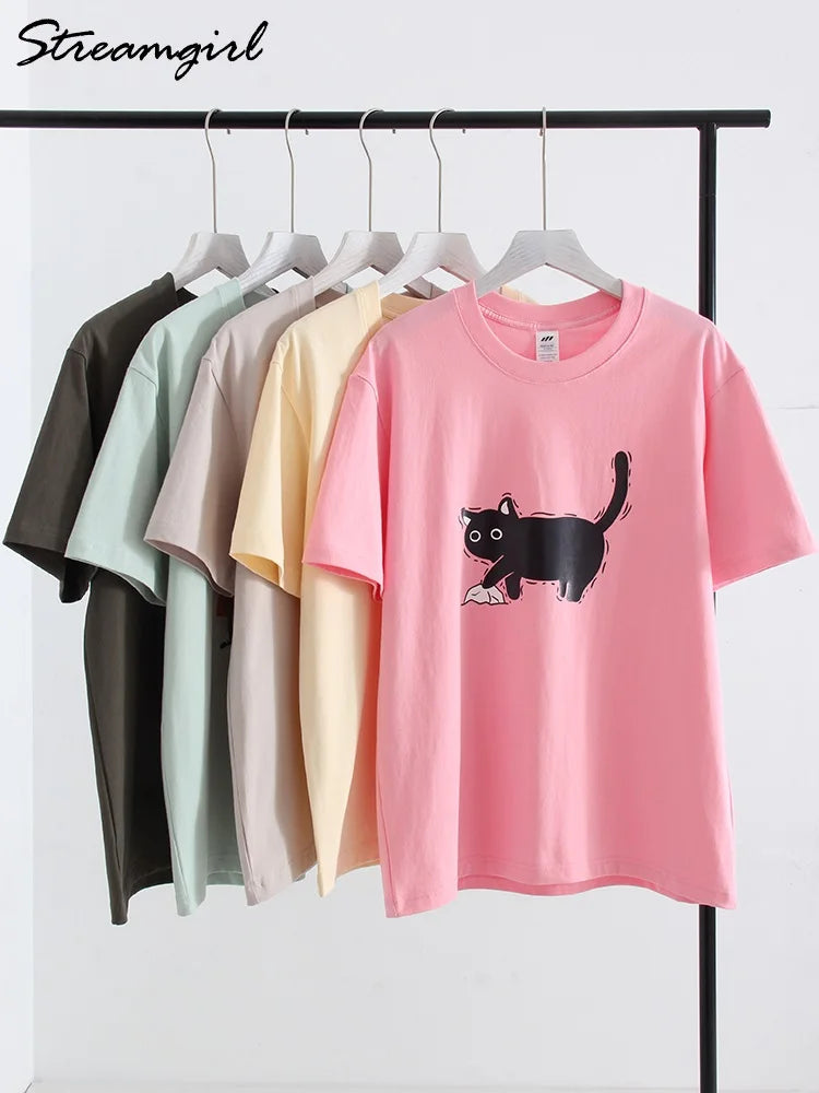 Streamgirl Pink Casual Short Sleeve T-shirt For Women Cotton Loose Top Tees Basic Loose T Shirt Cats Print Women 2024 Summer