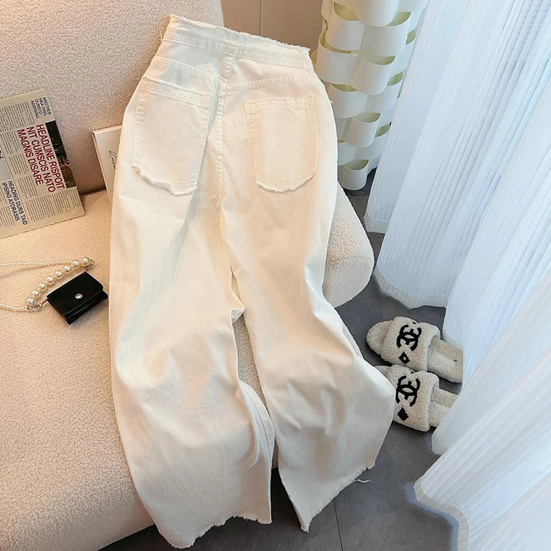 Bomon Design Waist Drawstring Adjustable Jeans For Women In Spring High Waist Loose Slim White Jeans Wide Leg Mopping Pants