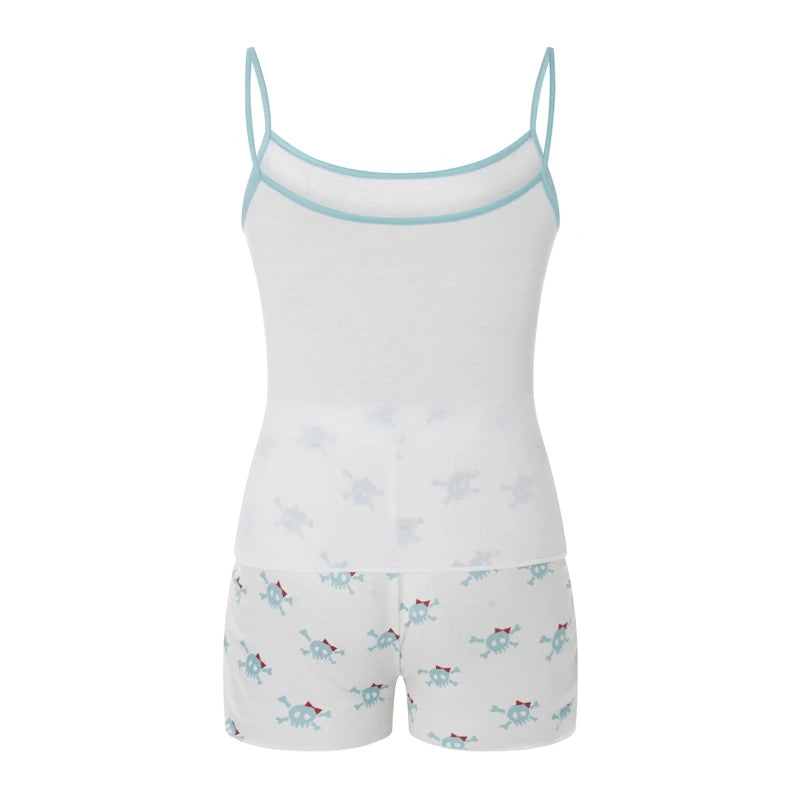 Maemukilabe Fairy Y2K 00s Vintage 2 Peças Kawaii Skull Print Pijama Set Adorável Cami Branco + Mini Shorts Grunge Coquette Lounge