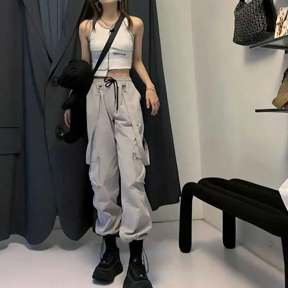 Novas calças cargo de corrida Harajuku Goth femininas Streetwear pretas de cintura alta, cor sólida, calças grandes, calças casuais femininas