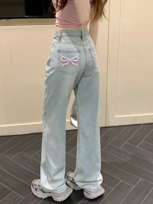 HOUZHOU Sweet Blue Jeans for Women Bow Embroidery Straight Denim Trousers Y2k Vintage Korean Style Baggy High Waist Jeans Casual