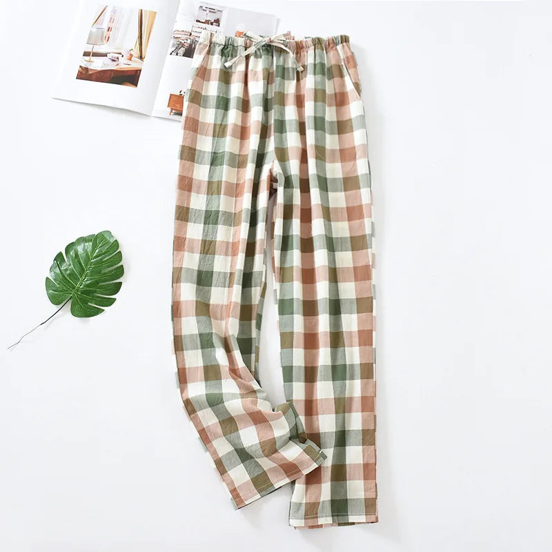 Fdfklak Washed Cotton Plaid Pajamas Pant Men's Woven Pockets Home Pants Casual Loose Male Sleep Trousers Pantalones De Mujer