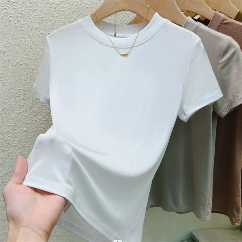 New High Quality Casual WomenT shirt Sexy Slim Short Sleeves Pink Plus Size Fashion Crew Neck Trend Solid Women Clothing Tops