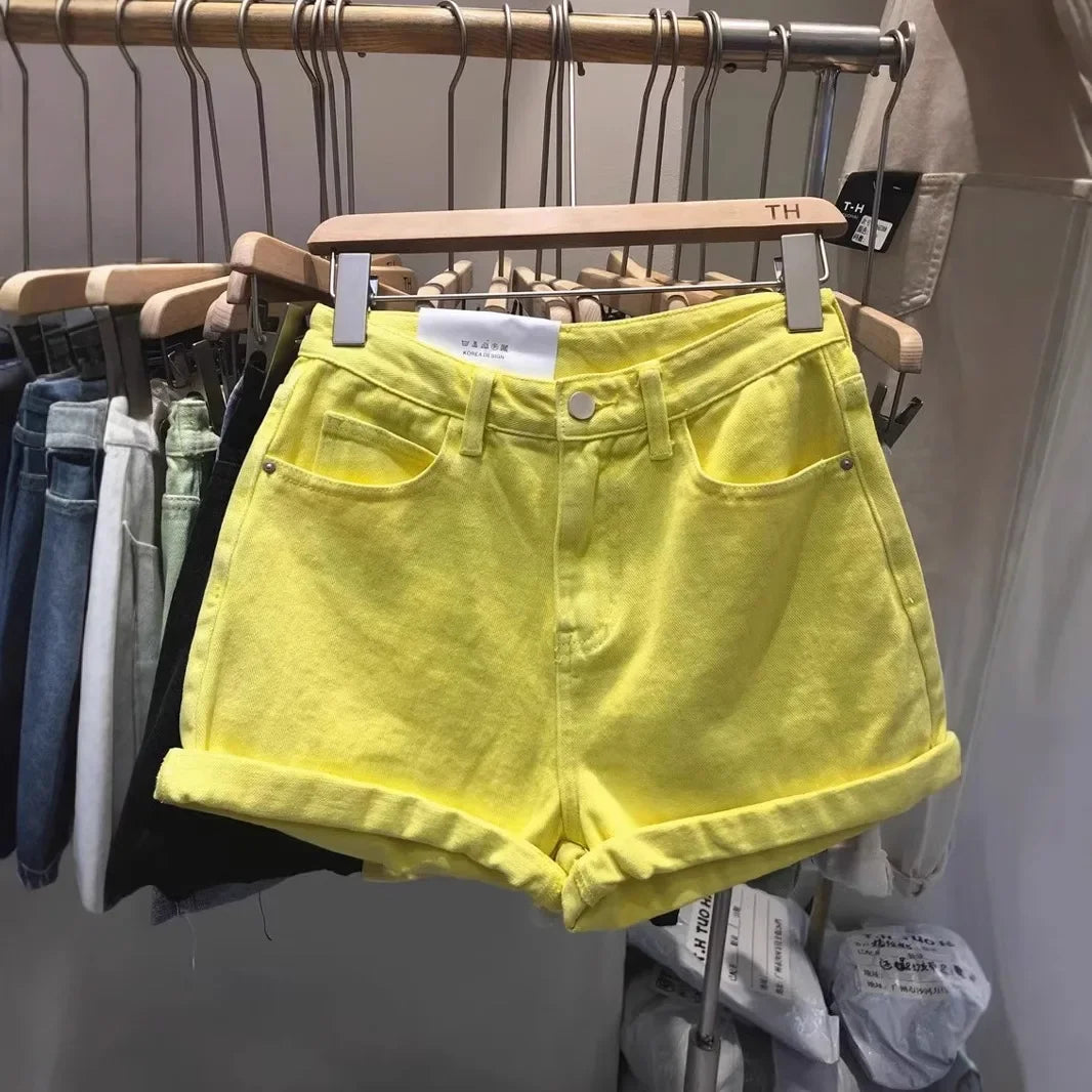 2024 Summer New Style Women's High-Waisted Wide-Leg Slimming Hot Pants Trendy Lemon Yellow Citrine Cotton Shorts