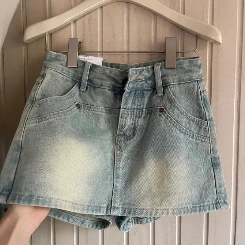 Mini Denim Skirts Wrap Hip High Waist Slim Summer A-line Zippers Washed Distressed Hot Girls Korean Fashion Streetwear Daily