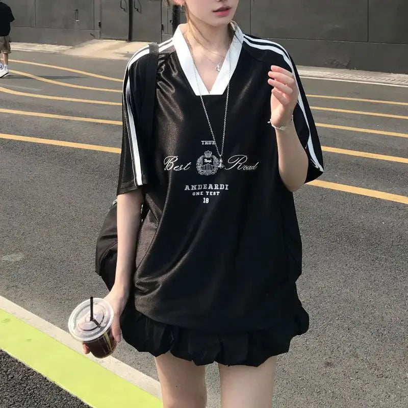 美式Instagram復古V領寬鬆女T卹原宿時尚潮流男女運動服飾上衣