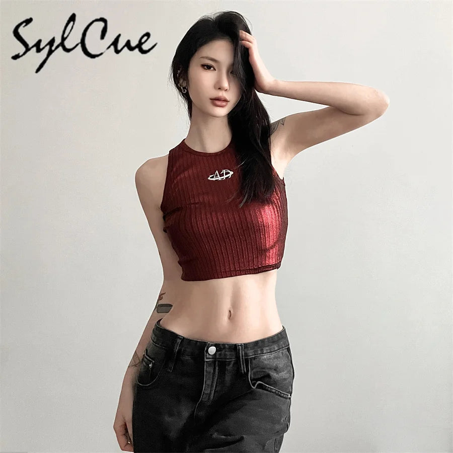 Sylcue 2024 Spring New Style Retro Solid Color Retro Trendy Distinctive All-match Casual High Street Cool Women's Letter Vest