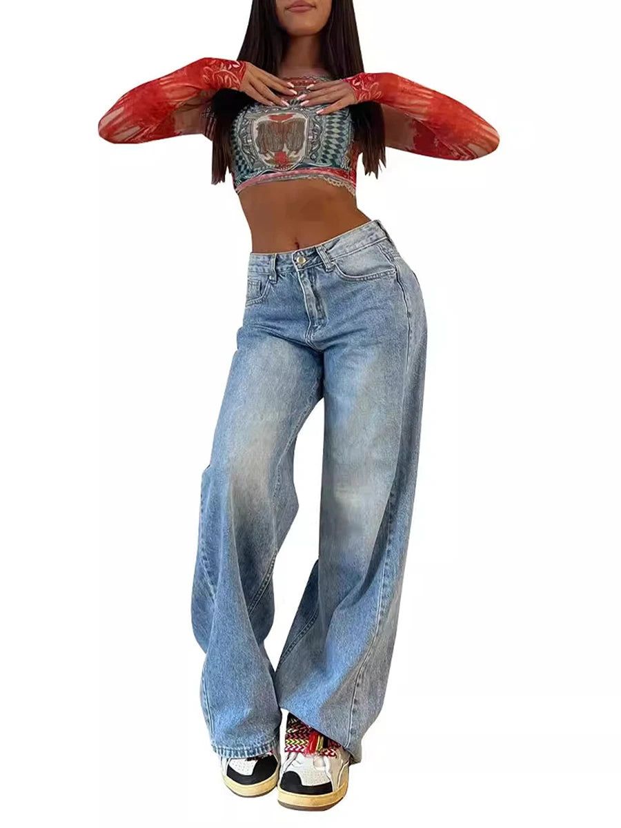 Women’s High Rise Boyfriend Jeans Vintage Wide Leg Loose Denim Pants Washed Jeans with Pockets