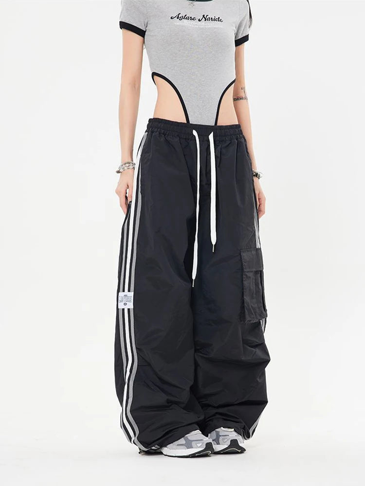 Y2K Kpop Cargo Pant Mulheres Cordão Bolsos Perna Larga Chic Punk Calças Largas Listradas Esportes Calças de Moletom Parachute Jogger Calças