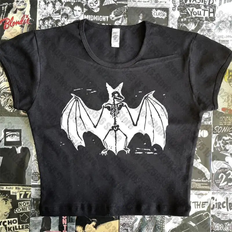 Aesthetic Goth bat Letter Y2K style Crop Tops T-shirt Short Sleevle Vest Tees Harajuku Streetwear Suspenders Women Clothes shirt