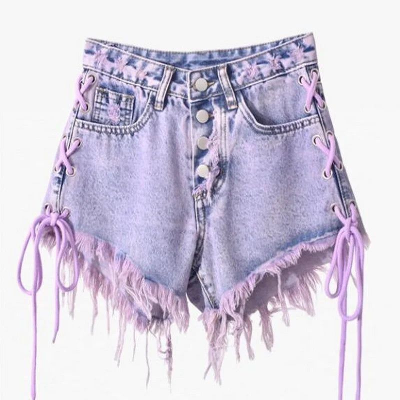 Purple Tassel Jean Shorts Lace-Up Denim Shorts Women's Summer High Waist Breasted Raw Edge A-Line Wide-Leg Hot Pant