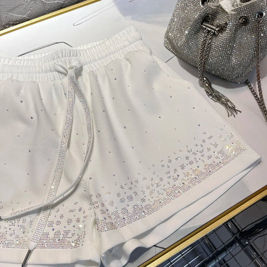 Summer Luxury Plus Size Shorts Women Sparking Rhinestone Brand Shorts Comfortable Elastic Waist High Quality White Short Pants