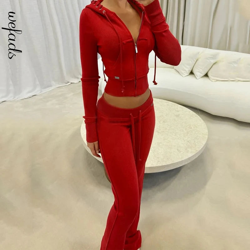 Wefads Women Two Piece Set Autumn Casual Simple Solid Long Sleeve Zipper Hooded High Waist Sweatshirt Loose Pants Set Streetwear