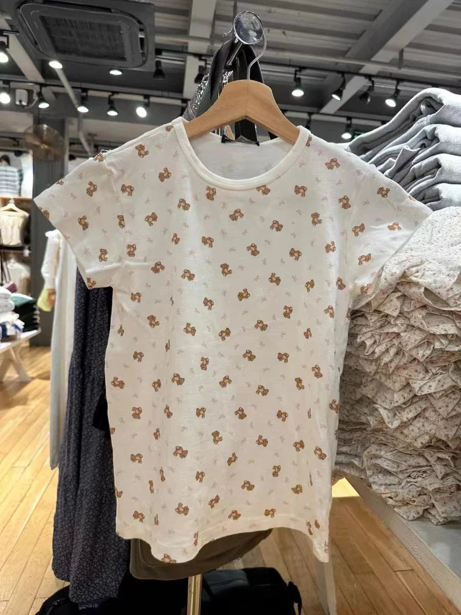 Women Little Bear Bow Print Slim T-shirts Summer Round Neck Cotton Short Sleeve Tees Top Casual Vintage Sweet Cute T Shirt Y2k