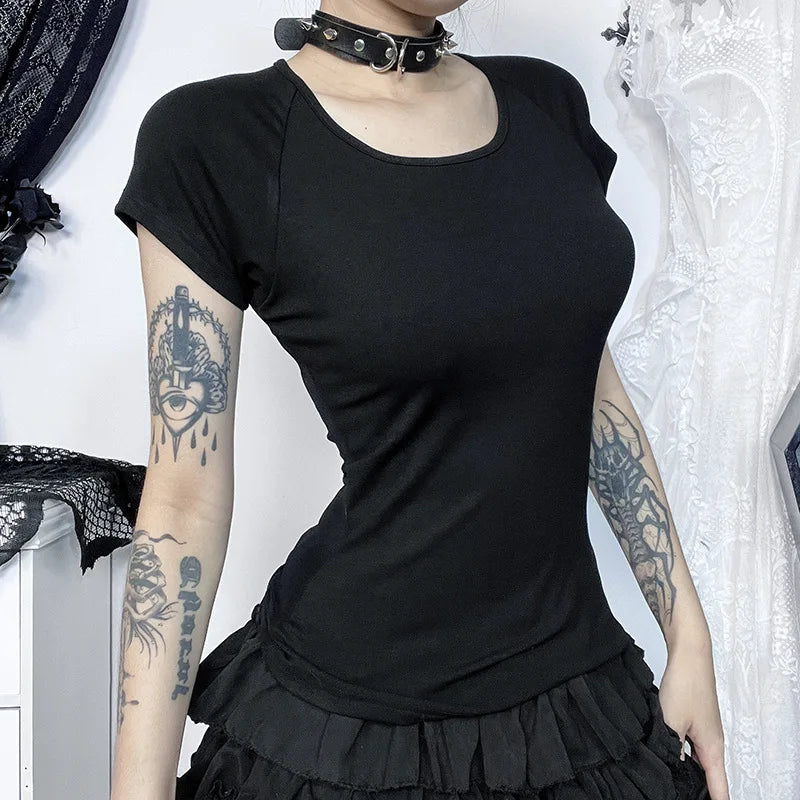 Goth Dark Gothic Fashion Backless Sheer Printed T-Shirt Women O-neck Tees Streetwear Grunge Sexy Mesh T-shirts Slim Alt Tops Y2K