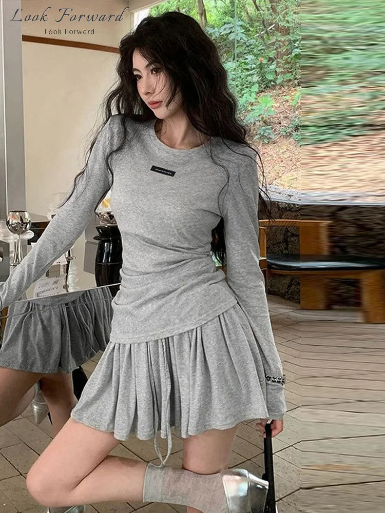 Casual Mini Skirt Set Women Slim Spring Summer O-neck Shirt Full Sleeve A-line Skirts Sets Female Solid Suit Lady Soft Basic