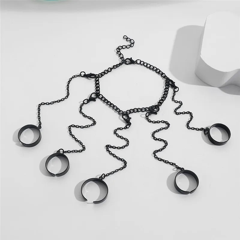 Punk Geometric Black Silver Color Chain Wrist Rings For Women Men Gothic Hip Hop Chain Open Rings Set Couple Fashion Jewelry