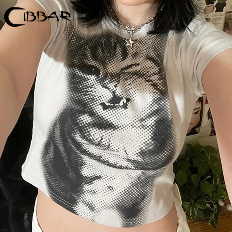 CIBBAR Harajuku Animal Print Crop Top Básico Branco Manga Curta Gola Redonda Camiseta Feminina Casual Slim-fitting Tees Lady y2k Vintage