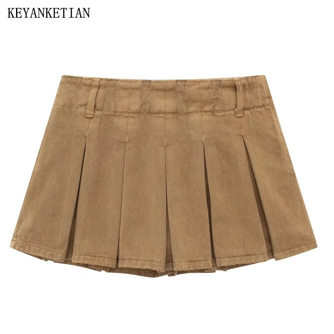 KEYANKETIAN 2024 New Launch Women's Zipper Low-Rise Pleated Skirt American Retro Y2K Khaki A-Line Mini Culottes Spicy Girl Skort