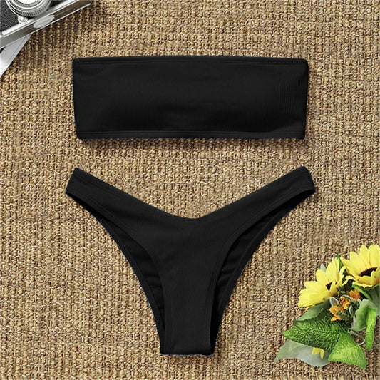 2024 Women Bikini Sexy High Waisted Strapless Boob Tube Top Bikini Set Swimsuit Two Pieces Solid Swimwear Brazilian Beachwear