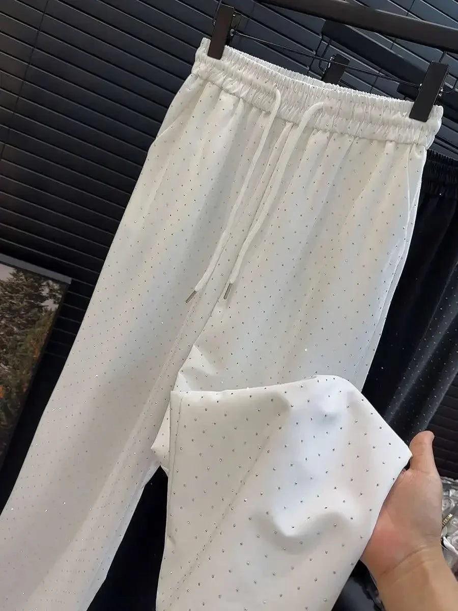 Verão Novas Mulheres Calças Diamante Reta Cintura Alta Casual Cordão Cintura Elástica Pantalones Beading Preto Calças Retas