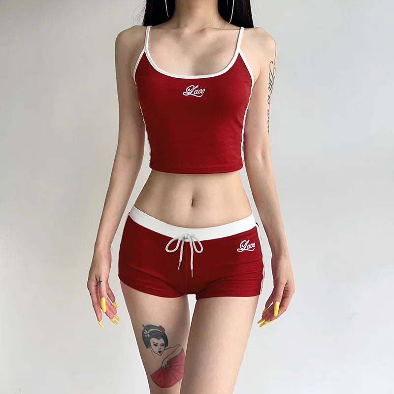 Women Y2K Two Piece Sport Shorts Set Fashion Embroidery Letters Contrast Color Backless Camisole with Shorts Summer Outfit