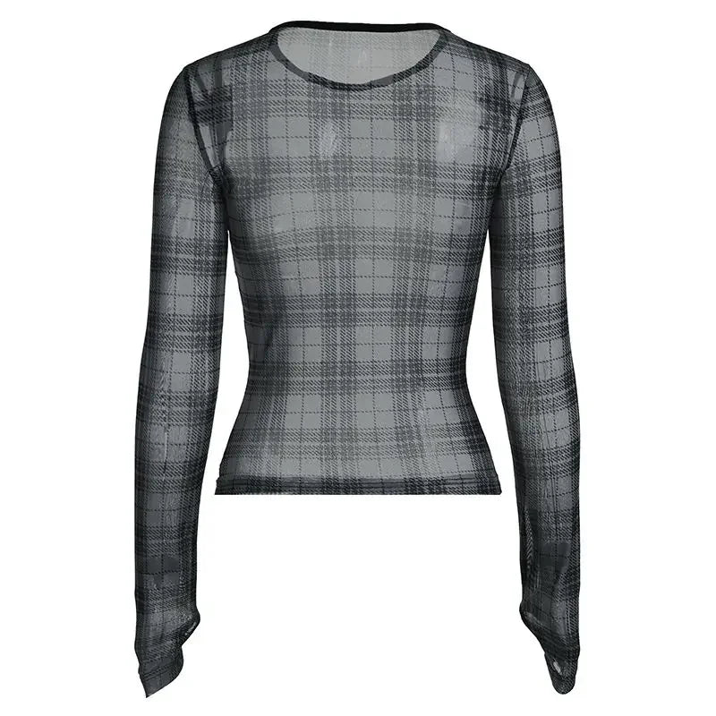 Black See Through Plaid Graphic Print T Shirts Women Y2k Mesh Crop Top Long Sleeve Tees Female Aesthetic Feminist Shirt