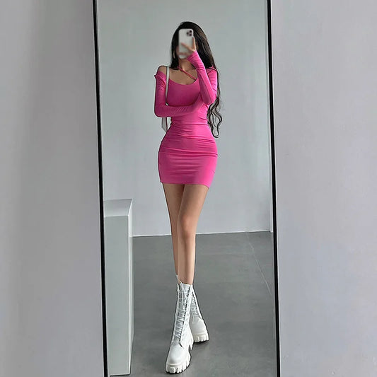 Autumn Women Bottoming Dress Solid Colo Long Sleeve Retro Hottie Dress for Club/Party Fashion Waist Tighten All-Match Dresses