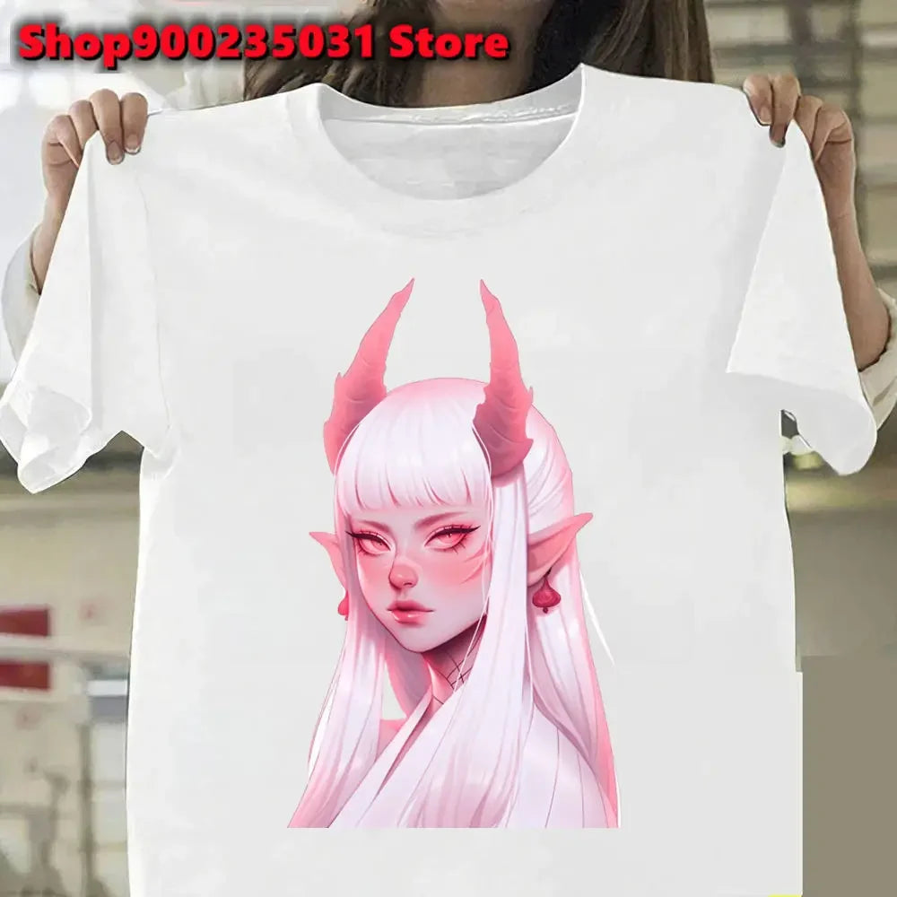 New Pink Demon Girl T-Shirt Streetwear Y2k Graphic Angel T-Shirt Harajuku Summer Women Aesthetic Oversized Outfit Tee Shirt